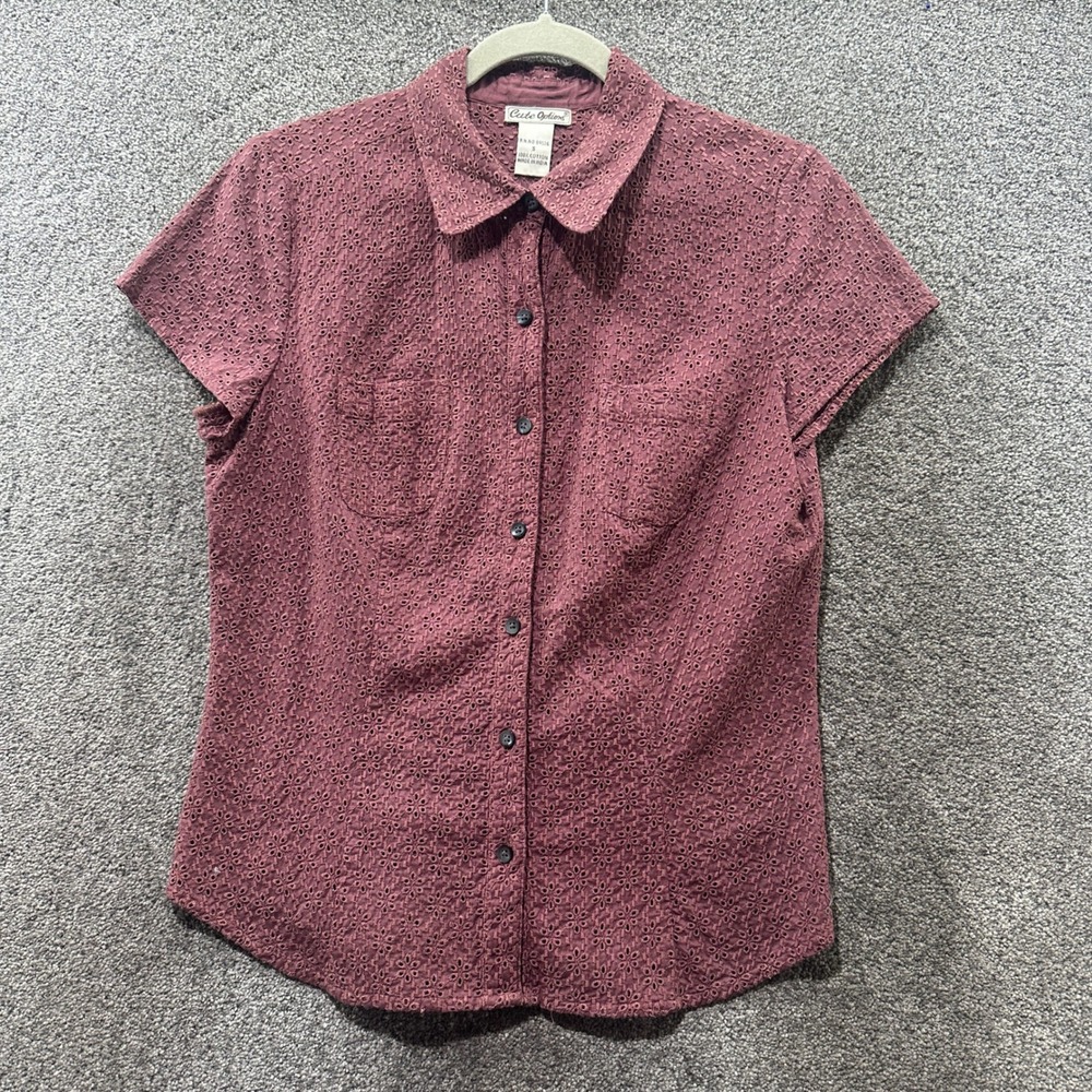 Y2k Cute Options Eyelet Short Sleeve Button Up Top Women Small Mauve Pink Cotton
